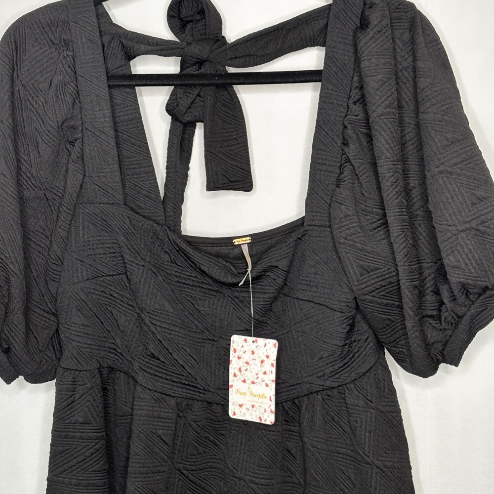 Free People Violet Mini Dress‎ Black Textured Puff Sleeve Open Back Tie Size S - Picture 4 of 10